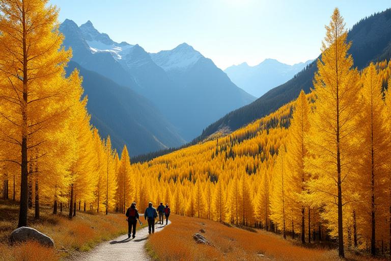 Hikers walking through a vibrant yellow forest of Larch trees in autumn in Larch Valley, Banff.
