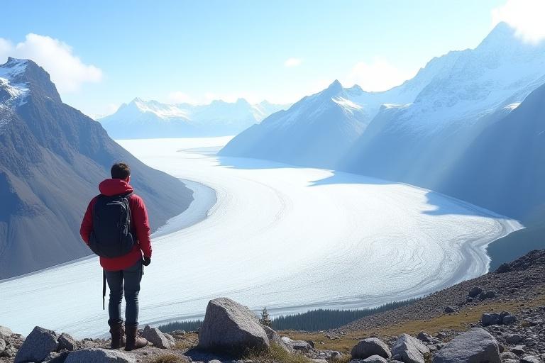 A hiker looking out over a vast glacier field towards mountain peaks from Plain of Six Glaciers.